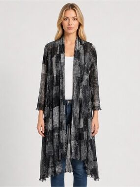 Comfy USA long cardigan duster Black white print mesh size small 3/4 sleeves